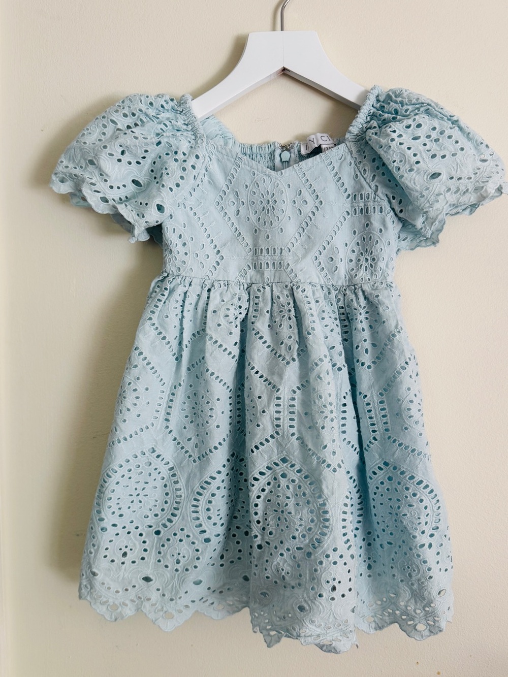 Girls Light Blue Eyelet Puff-Sleeve Dress